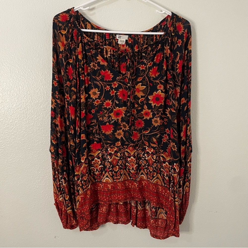 Billabong Multi Color Balloon Sleeve Floral Top Size Large Flowy Lightweight